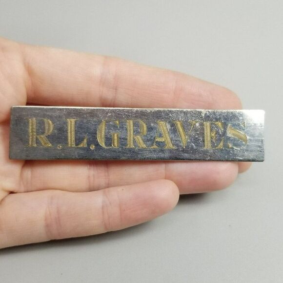 Vintage R.L. Graves Engrave Rectangle Name Plate Brooch, Silver Tone Lapel Pin - Picture 6 of 7